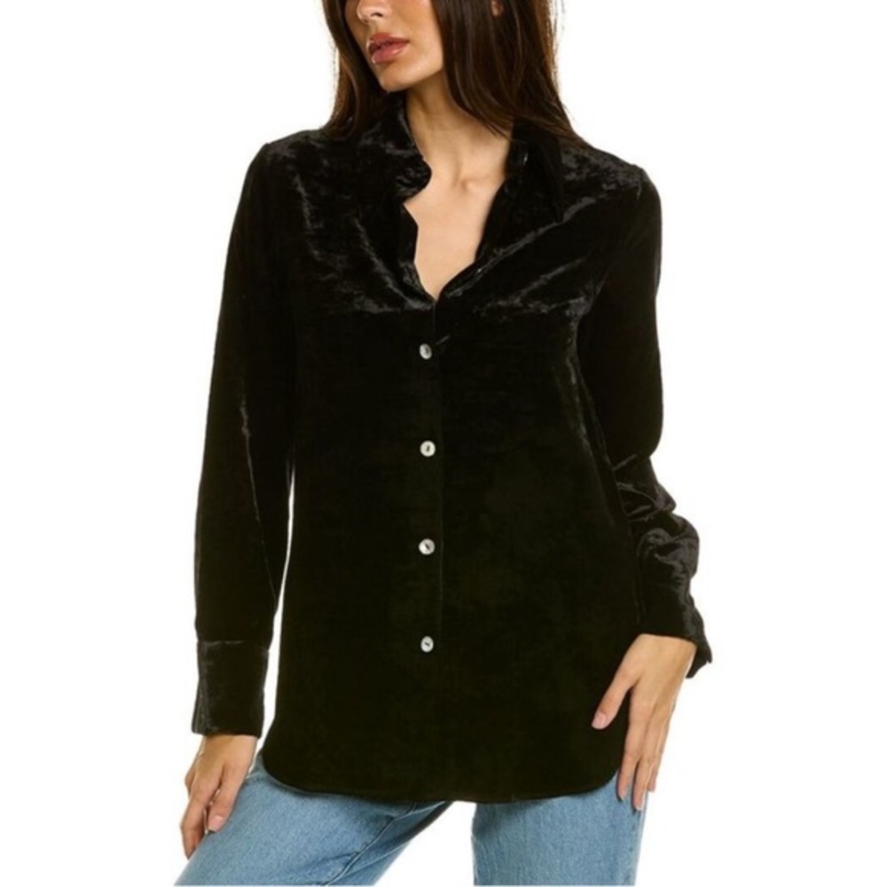 Vince Crushed Velvet Collared Blouse Black Size Small Button Down Long Sleeve